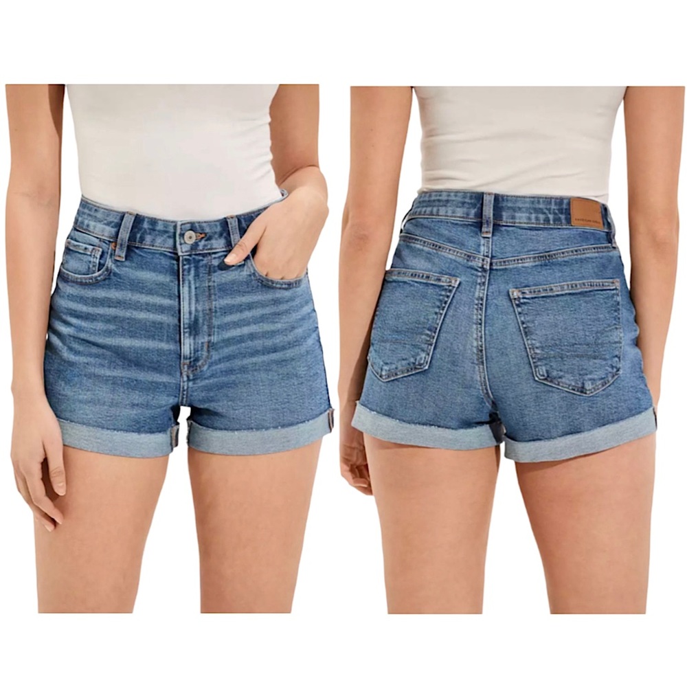 ❌ SOLD ❌ American Eagle Mom Jean Shorts High Rise Medium Wash Cuff Denim Size 8 - Picture 1 of 8